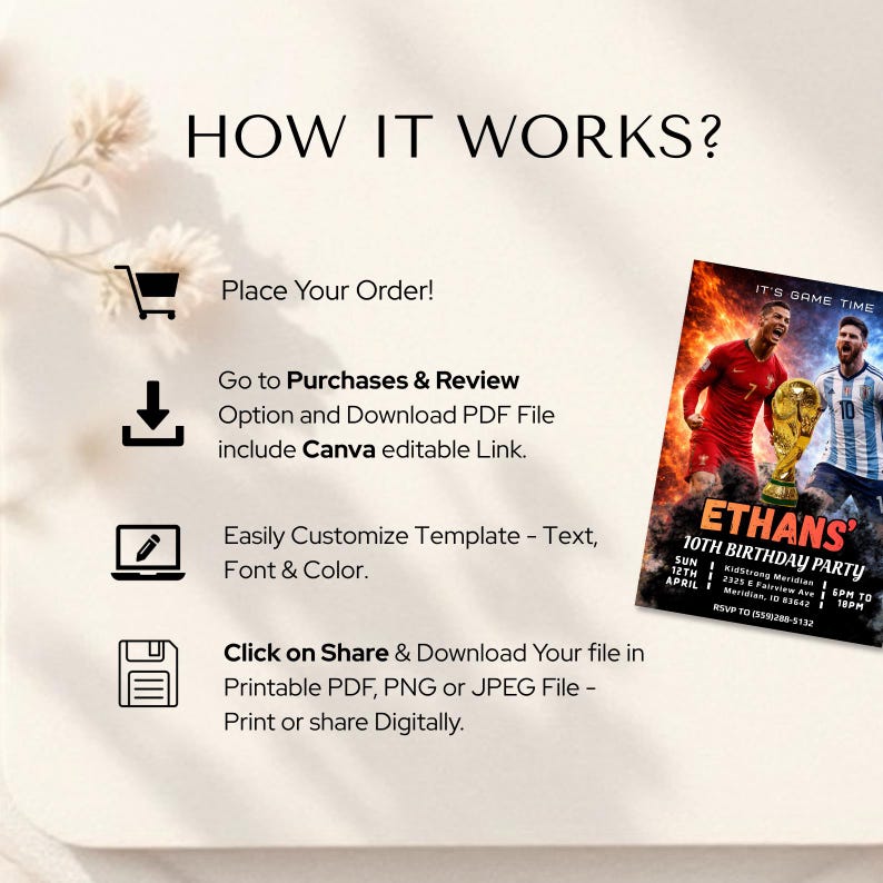 May include: A digital invitation with the text "HOW IT WORKS?" and instructions for ordering, customizing, and downloading. The invitation features a soccer theme with two players and a golden trophy. The text "ETHANS' 10TH BIRTHDAY PARTY" is also visible.