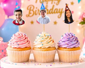 Personalized Face Cupcake Toppers with Party Hat: Custom Birthday Decorations,  Party Decor (Digital Download)