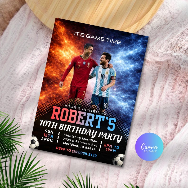 Ronaldo and Messi Birthday Invitation Template: Kids Soccer Party Invite, Messi vs CR7 Invites Printable & Mobile Share (Digital Download) image 2