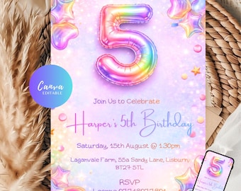Editable 5th Birthday Invitation Girl Template Rainbow theme, Glitter pastel foil balloons Number Five Birthday invite, Canva 5x7