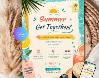 Summer Party invitation, End of School Party invite, Pool Party invite, Editable Canva Template (Digital download)