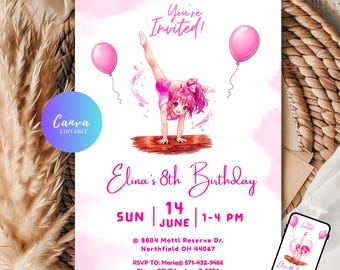 Gymnastic Birthday Invitation template: Pink Gymnast invite for Girls, Printable and Digital (Instant Download)