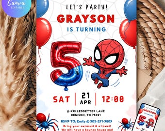 5th Spidey Birthday Invitation, Editable Spidey Kids Birthday Invitation 5 year old, Superhero Bday Invite Template Printable & Mobile Share