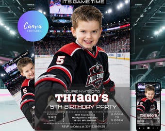Custom Ice Hockey Birthday invitation Photo template: Editable Ice-hockey birthday invite Printable & Digital Mobile Size (Instant Download)