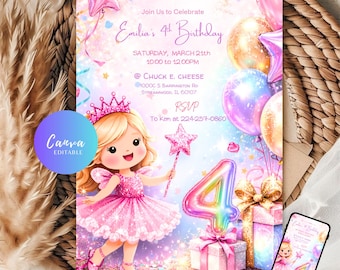Editable 4th Birthday Invitation Girl Template, Glitter pastel foil balloons Number Four Birthday invite (Instant Download)