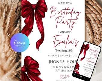 Burgundy Bow 18th birthday invitation template, Animated Burgundy Bow Birthday Invite Girl, 18th Birthday Invite (Digital Download)