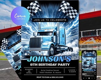 Semi truck Birthday Party invitation template, Editable Semi truck birthday invite Digital and Printable  5 x 7 in (Instant Download)