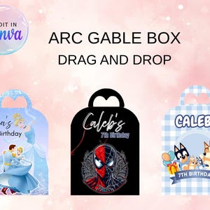 Puede incluir: Cajas arc gable con diseños personalizables. Una presenta a Cenicienta y el Príncipe Encantador, otra tiene un tema de Spider-Man, y la tercera muestra personajes de Bluey. Cada caja incluye texto para una celebración de 7º cumpleaños.