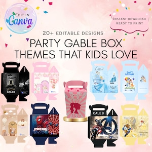Pode incluir: Uma coleção de caixas de festa com vários temas, incluindo Batman, Homem-Aranha e personagens da Disney. As caixas são de cores diferentes, como preto, rosa e azul, e apresentam o texto "Happy Birthday" e nomes. A imagem também inclui o texto "Edit in Canva" e "Instant Download Ready to Print."