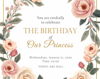 Floral Princess Birthday Invitation | Pink Rose Gold Crown Template (Digital Download)