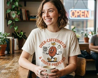 Over-Caffeinated & Under-Prepared" Retro Coffee Bean Funny Graphic Tee | Gift for Coffee Lovers, and Students