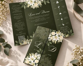 Luxury Olive Green Gatefold Wedding Card Template | Elegant Sage Dark Green Invitation | Canva Editable