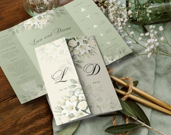 Sage Green Botanical Trifold Wedding Invitation Template (Digital Download)