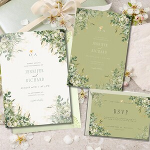 May include: A wedding invitation suite featuring white and sage green cards with floral illustrations of white roses and eucalyptus leaves. The text includes the names Jennifer and Richard, the date August 20th, and an RSVP card with elegant typography.