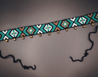 Beaded Choker Necklace, Geometric Pattern Seed Bead Choker with Metal Charms, Handmade Boho Jewelry, Tribal Style Neckpiece, Gift for Her