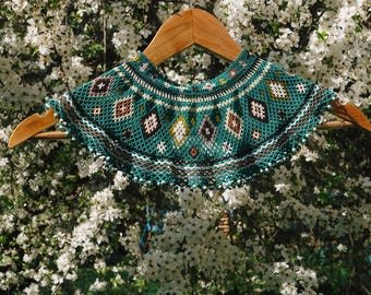 Collar con cuentas verde esmeralda, gargantilla ancha geométrica con cuentas, collar babero de cuentas pequeñas, joyería bohemia hecha a mano, collar con flecos