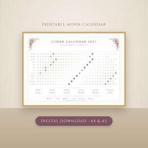 Puede incluir: Un calendario lunar imprimible de 2027 con borde dorado y detalles florales en las esquinas. El gráfico muestra las fases lunares mensuales con puntos de colores que indican eventos, incluyendo etiquetas de texto para meses y lunas llenas.
