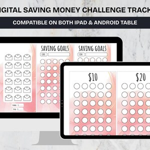 May include: Digital saving money challenge tracker displayed on a computer monitor and tablet. The tracker features pink and white backgrounds with envelope and circle designs. Text includes "Saving Goals", "£10", and "£20".