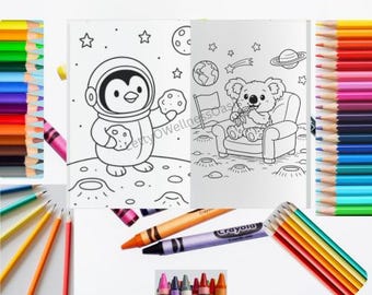 May include: A coloring book with space-themed illustrations of a penguin astronaut and a koala on the moon. Colored pencils and crayons in various colors surround the book. The text "ettyOWellnessCras" is visible.