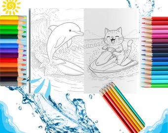 May include: A coloring book spread featuring a dolphin surfing a wave and a cat riding a jet ski. The image is surrounded by colorful pencils and water splashes, suggesting a fun, creative activity.