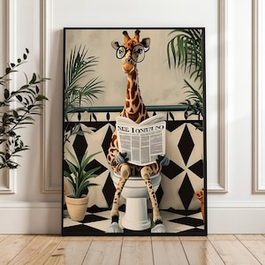 Arte divertida para vaso sanitário com girafa, estampa de animal lendo, decoração original para banheiro, download digital.