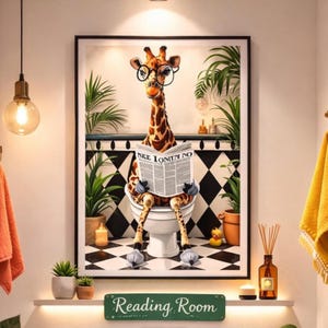 Udda giraffläsande toalettkonsttryck, nyckfull djurbadrumsdekor (digital nedladdning), dopamindekor