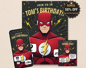 Lightning Speed Hero Birthday Invitation – Fast Superhero Kids Party Template (Digital Download)