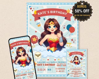 Woman Warrior Girl Birthday Invitation, Editable Canva Superhero Party Invite, Kids Hero Birthday Printable