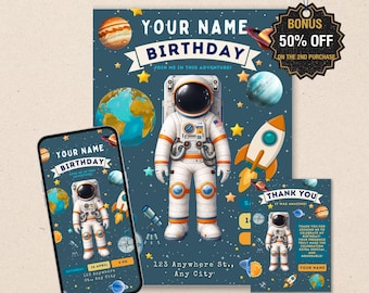 Astronaut Space Birthday Invitation – Galaxy Outer Space Kids Party Template (Digital Download)