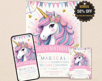 Unicorn Birthday Invitation Template – Rainbow Party Decor (Digital Download)