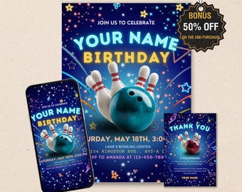 Bowling Birthday Invitation – Fun Bowling Alley Kids Party Template (Digital Download)