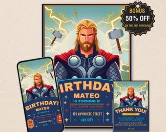 Thunder God Hero Birthday Invitation – Lightning Superhero Kids Party Template (Digital Download)