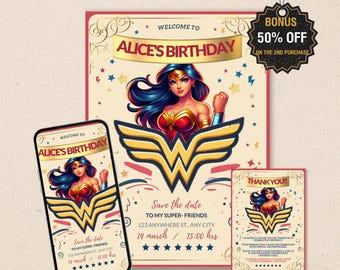 Woman Superhero Birthday Invitation Template – Printable Card (Digital Download)