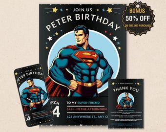 Flying Hero Birthday Invitation Template, Editable Canva Superhero Party Invite (Digital Download)
