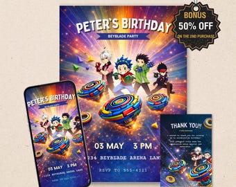 Editable Bay Spinning Hero Birthday Invitation Template – Blade Party Invite – Printable & Mobile Canva Card