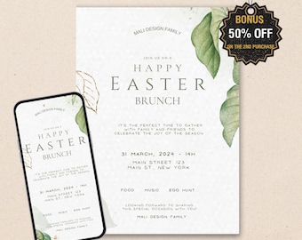 Floral Easter Greeting Brunch Invitation Card – Spring Flowers Holiday Printable Card (Digital Download)