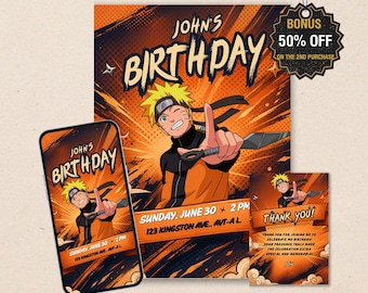 Ninja Anime Birthday Invitation – Cartoon Ninja Kids Party Template (Digital Download)
