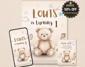 First Birthday Bear Hearts Invitation – 1st Birthday Party Kids Invite Template (Digital Download)