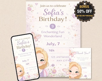 Long Hair Princess Birthday Invitation – Fairy Tale Princess Kids Party Template (Digital Download)