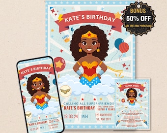 Black Woman Superhero Birthday Invitation – Mobile & Printable (Digital Download)