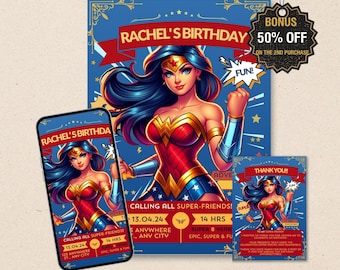 Woman Power Warrior Girl Birthday Invitation Template, Editable Canva Superhero Party Invite, Kids
