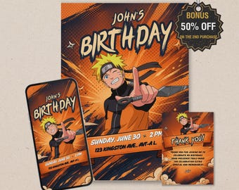 Ninja Anime Birthday Invitation – Cartoon Ninja Kids Party Template (Digital Download)