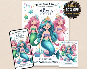 Mermaid Birthday Invitation Template - Under the Sea Party (Digital Download)