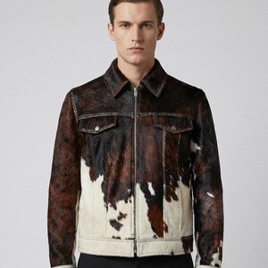 Chaqueta de cuero de vaca vintage / Chaqueta vaquera de piel con pelo / Abrigo de patchwork marrón y blanco