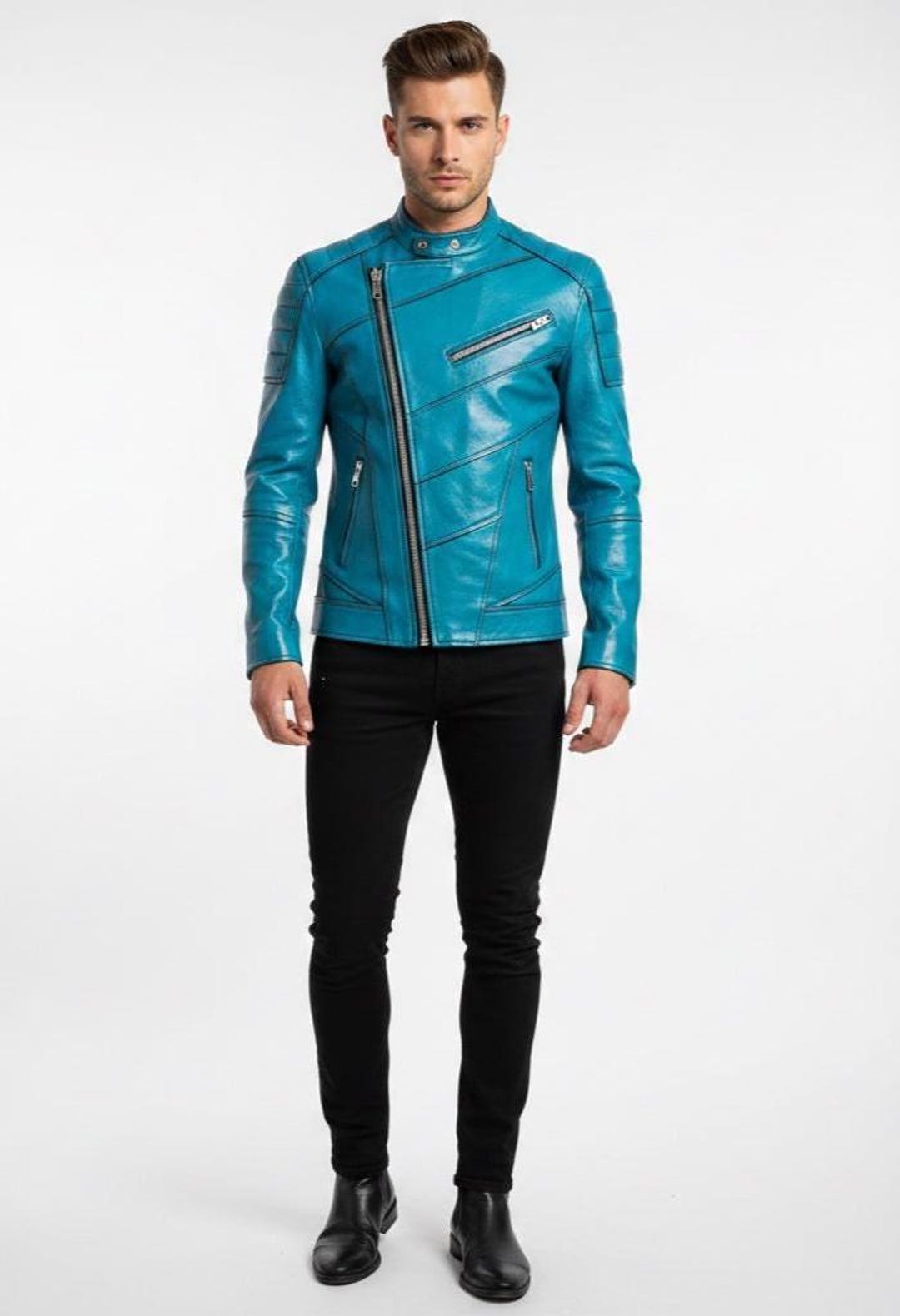 Men's Cyan Leather Jacket, Slim Fit Panel Design, Modern Streetwear - Etsy