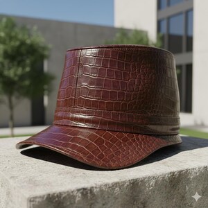 May include: A brown leather cap with a crocodile skin texture. The cap has a short brim and a structured, military-style design. The hat is made of a rich, dark brown leather.