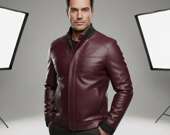 Men's Genuine Leather Bomber Jacket – Black Ribbed Collar, Winter Outerwear