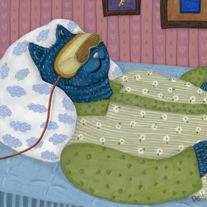 May include: An illustration of a blue cat sleeping on a bed. The cat wears a sleep mask and is covered with a cloud-patterned pillow and a green floral blanket. The background features framed artwork and a pink wall.