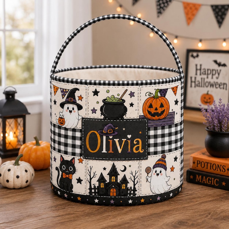 May include: A cylindrical fabric basket with a black and white gingham handle and trim. The exterior features a grid pattern with illustrations of a ghost, a pumpkin, a black cat, a haunted house, and a cauldron. The name Olivia is printed in orange.