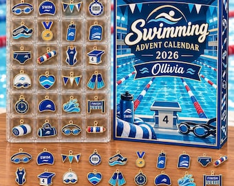 May include: A Swimming Advent Calendar 2026 box labelled Ollivia, featuring a blue pool graphic. Beside it, a clear plastic tray and a loose collection of gold-rimmed enamel charms shaped like goggles, swimsuits, medals, water bottles, and pool equipment.